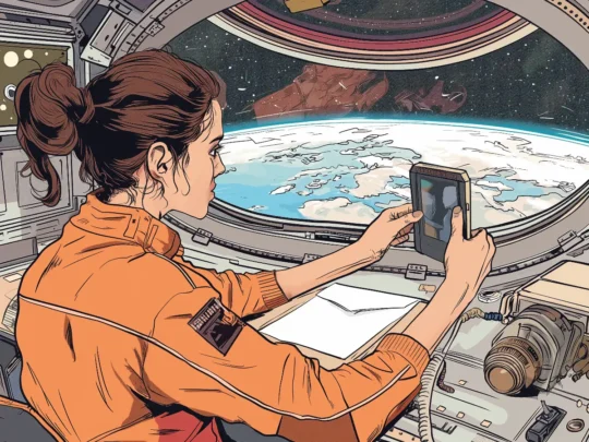 Eine Astronautin macht ein Foto von der Erde aus ihrem Raumschiff heraus