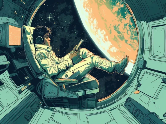 Astronaut sitz im Sessel seines Raumschiffs, hört Musik und schaut auf sein Tablet