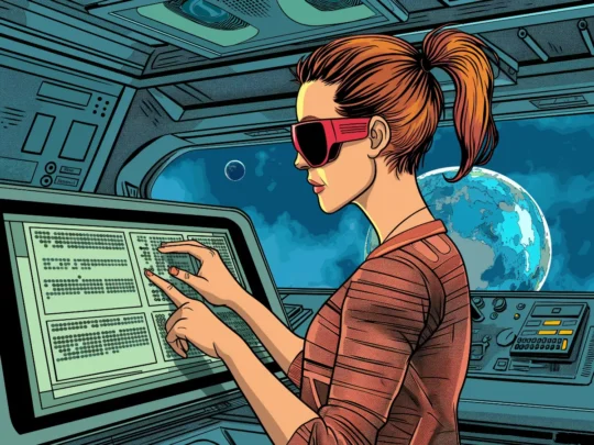 Blinde Frau bedient grossen Touchscreen mit Braille-Text