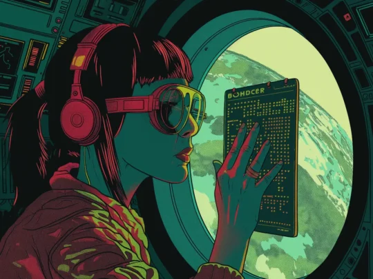 Blinde Frau analysiert Bild auf einer Screenreader-Kamera für sehbehinderte Personen.