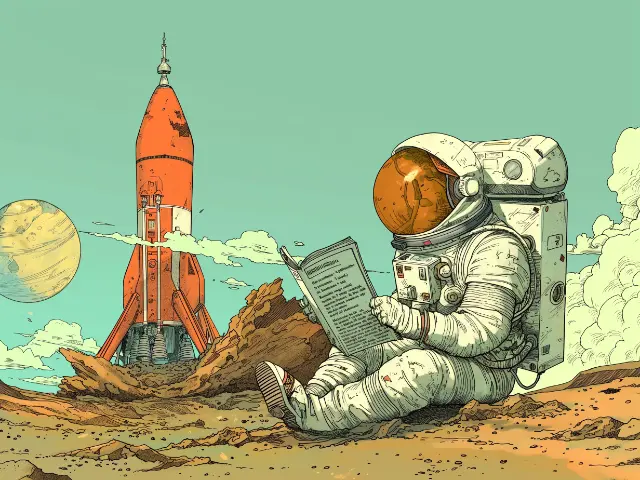 Sitzender Astronaut liest ein Bericht auf einem Planet neben seiner Rakete