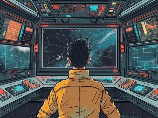 Astronaut analysiert diverse Screens in seinem Raumschiff