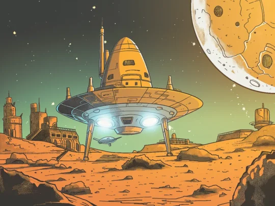 Ein Raumschiff mit Lichtern auf einem Planeten